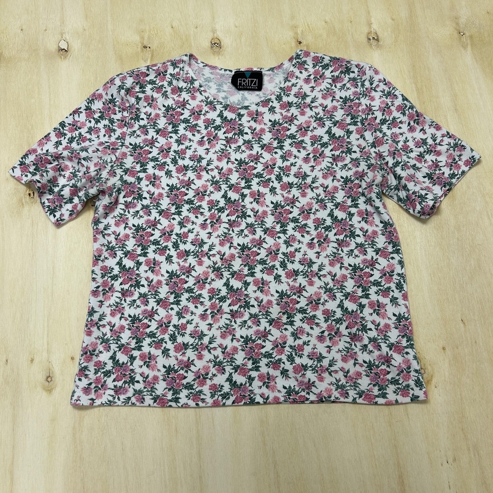 Vintage Fritzi California Shirt Womens Small Pink Floral Crew Neck Tee T-Shirt